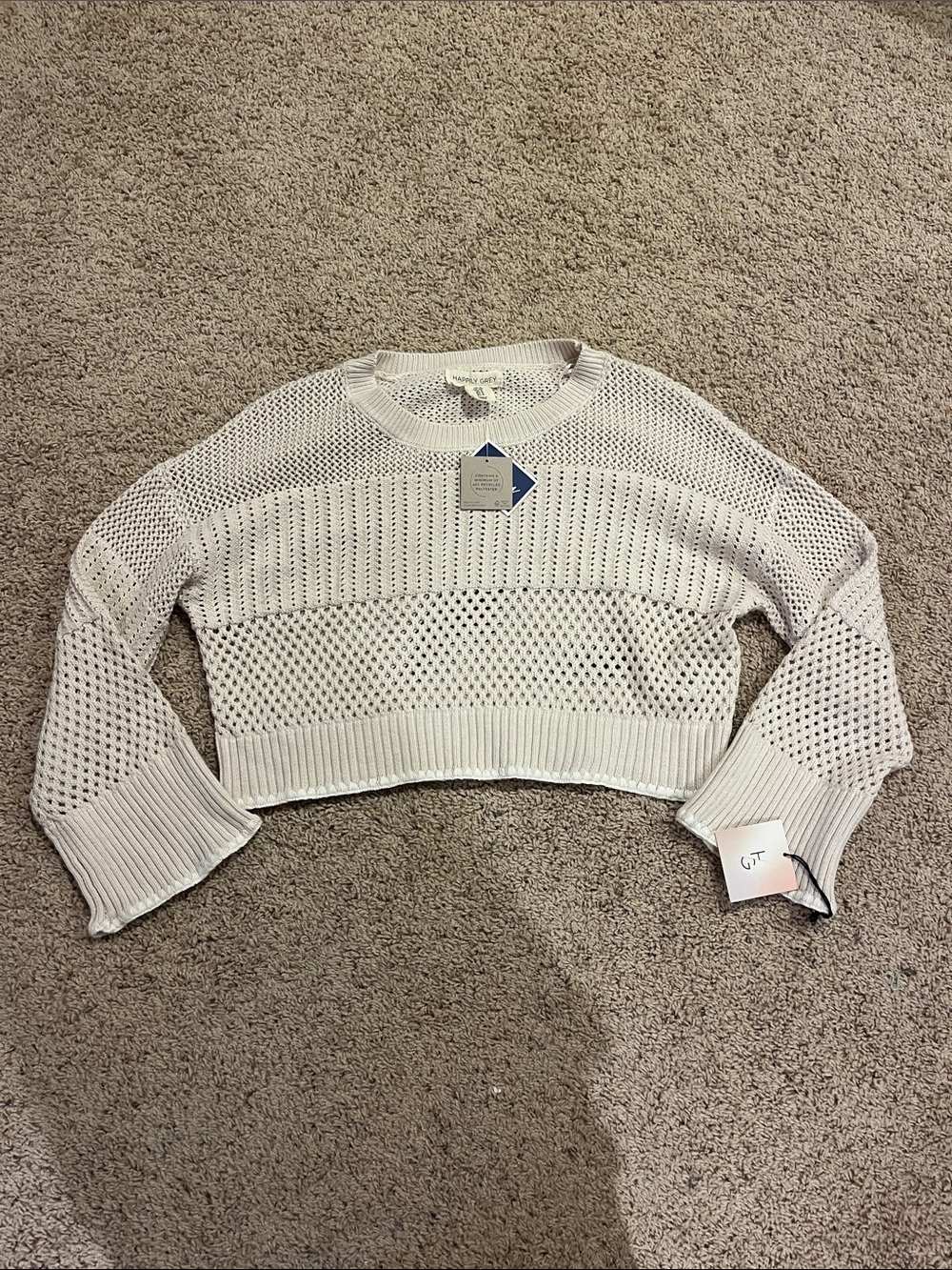Cropped Open-Knit Crewneck Sweater in Light Cream